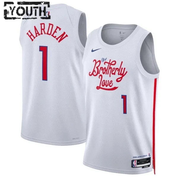 Nike Philadelphia 76ers James Harden 1 Lasten Pelipaita City Edition 2022-23 Swingman Valkoinen Nike Philadelphia 76ers James Harden 1 Lasten Pelipaita City Edition 2022-23 Swingman Valkoinen